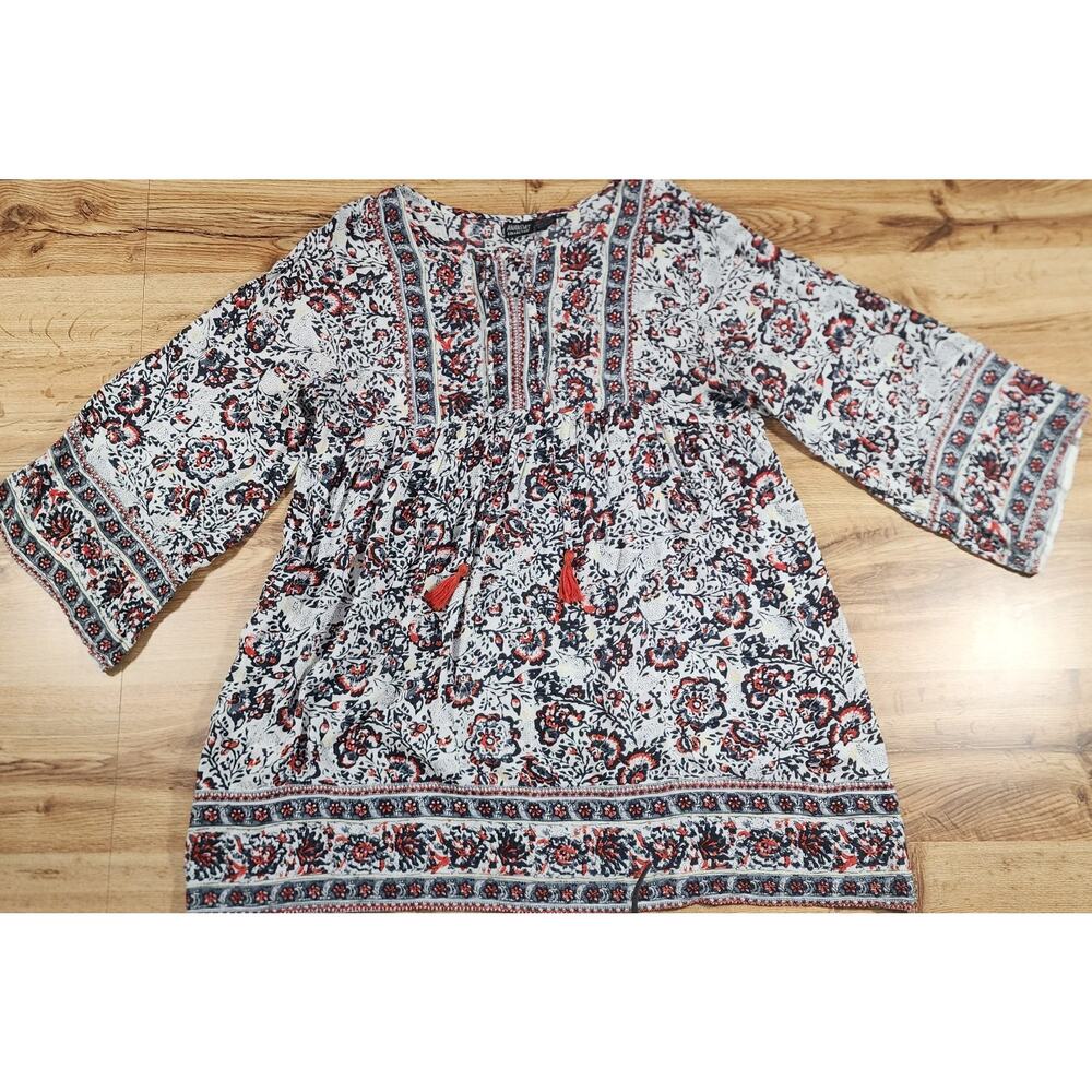 Anandas Collection‎ Boho Tunic Dress Sz L Tassels Colorful Coverup India Floral